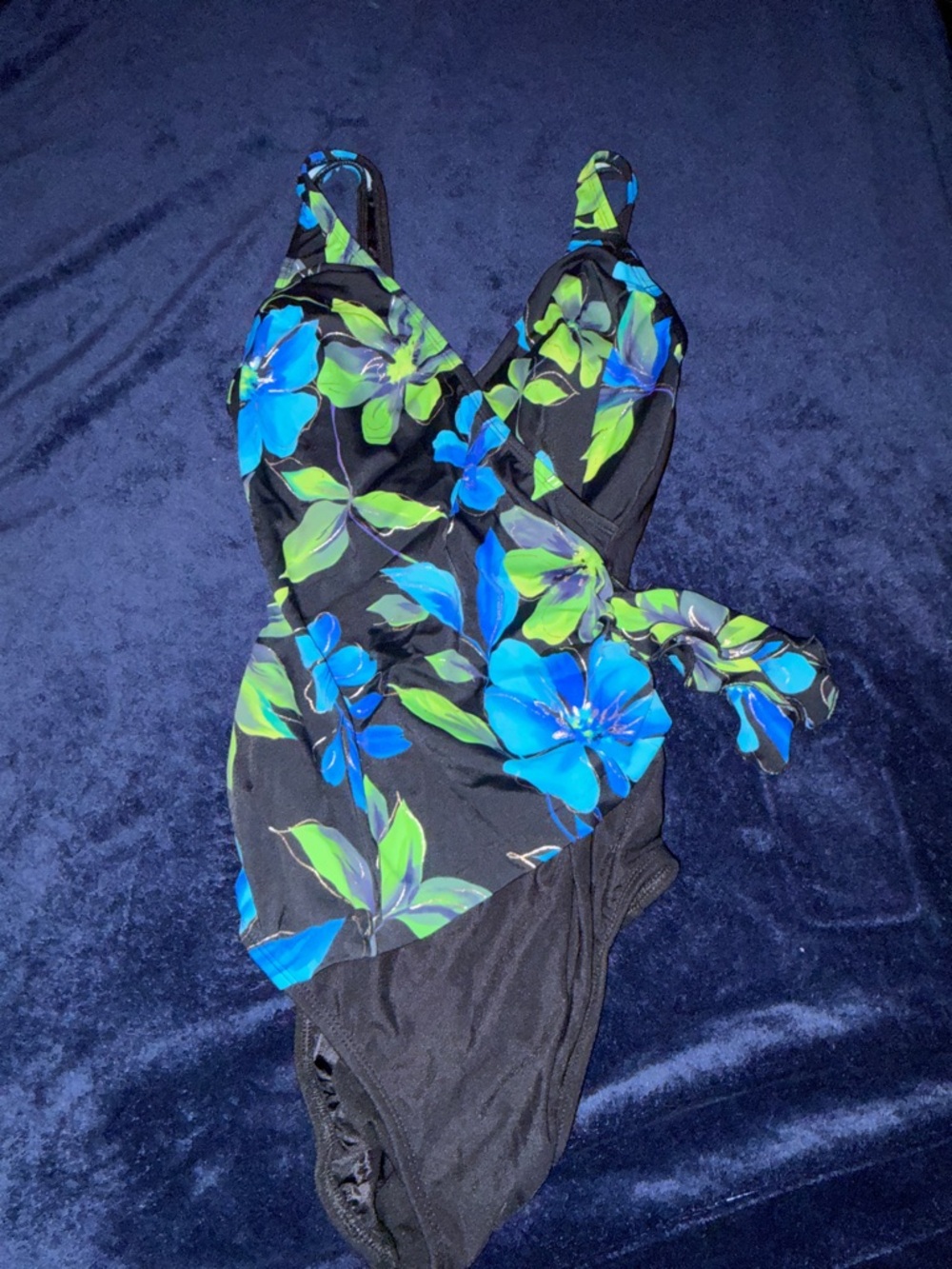 Black Floral One-Piece Swimsuit with Blue & Green Flowers